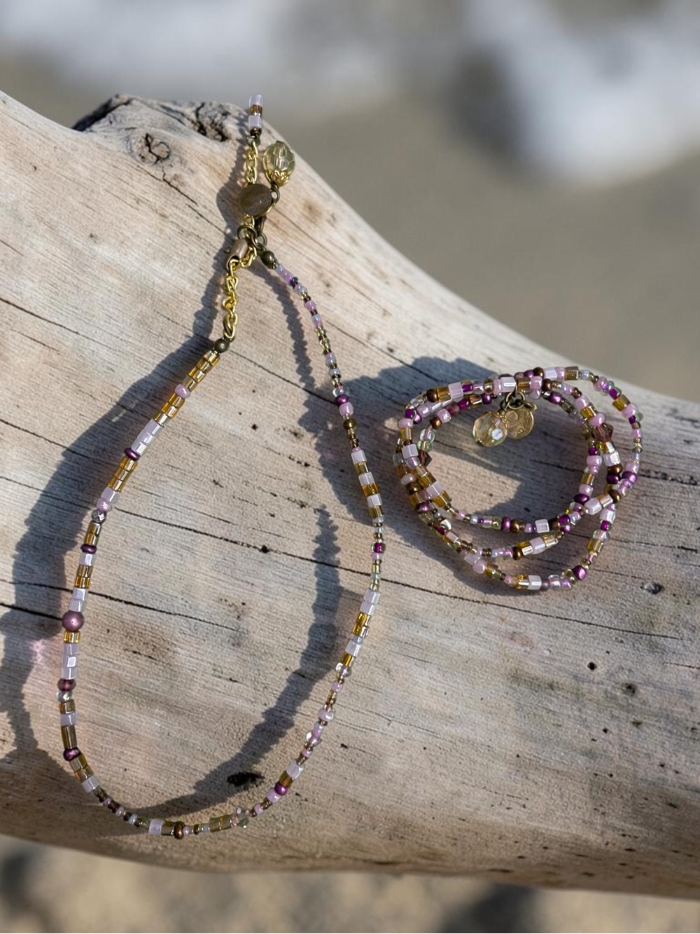 Delicate Pink & Gold Seed Bead Necklace and Bracelet Set
